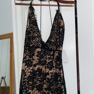 Deep V Nude/ Black Lace Cocktail Dress